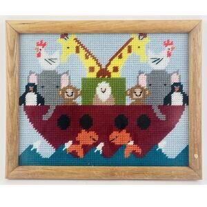 Vintage Needlepoint Wall Decor Noah’s Ark Handmade Framed 12x15" Monkey Penguin